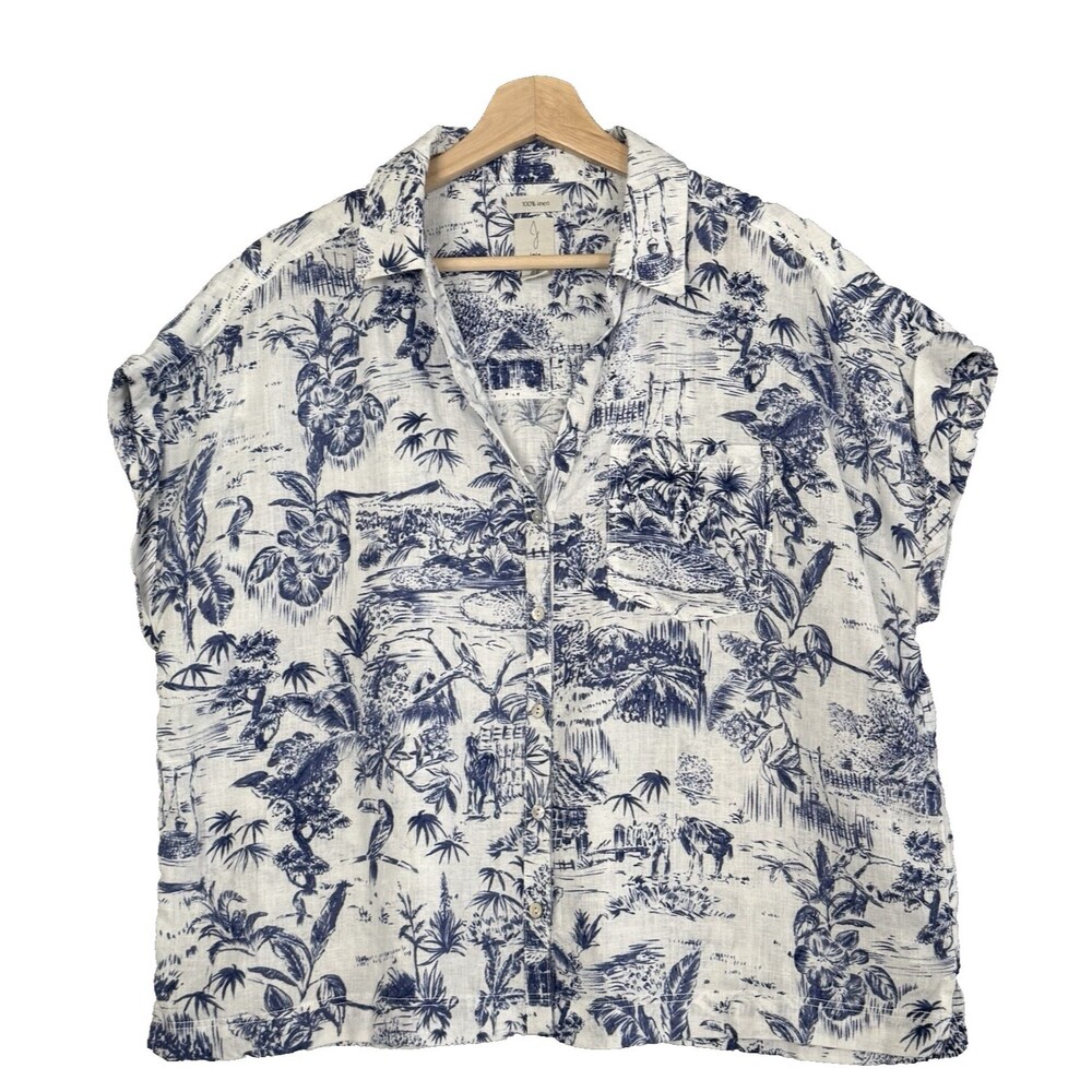 Joie Linen Shirt Tropical Floral Hawaii Blue White Short Sleeve Boxy Size XLarge